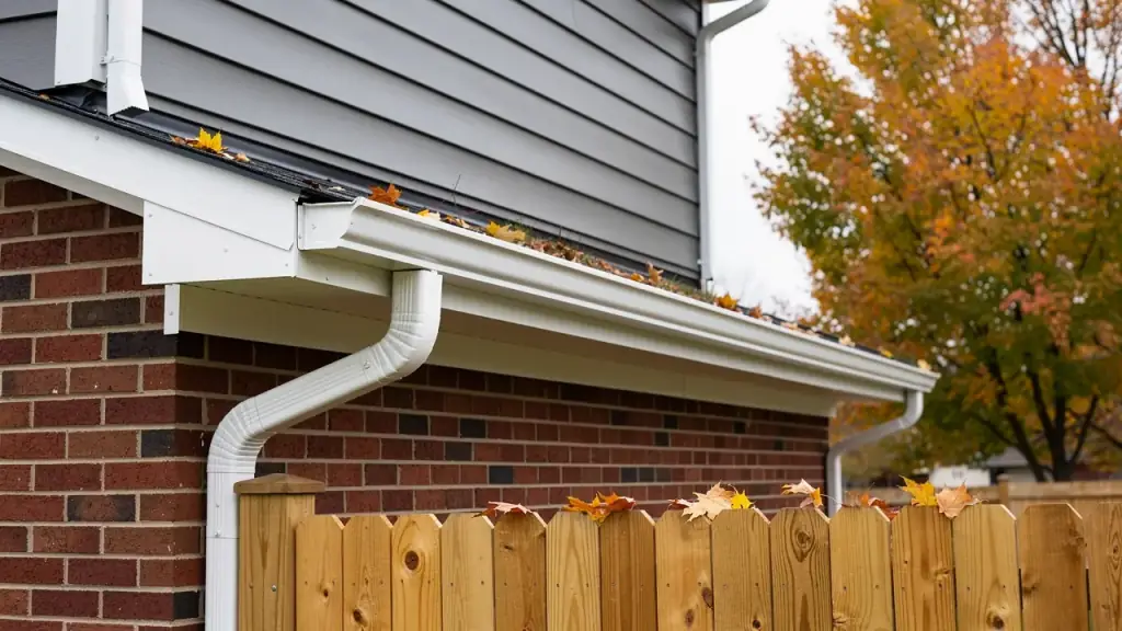 White gutter and downspout over red brick with a cedar fence line in autumn