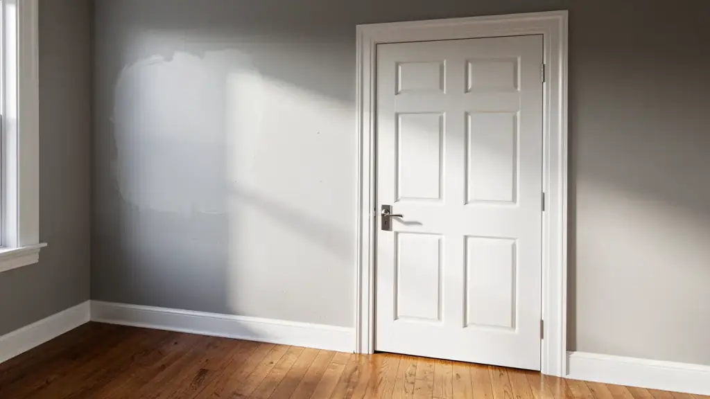 Freshly hung white six-panel door beside a patched and repainted grey wall