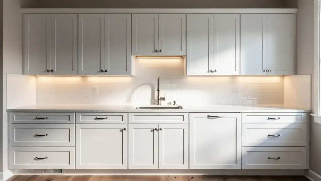 Illustration of a refreshed kitchen with white shaker cabinets and a tile backsplash