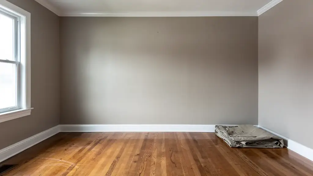 Freshly painted living room with white trim and a folded drop cloth on the floor